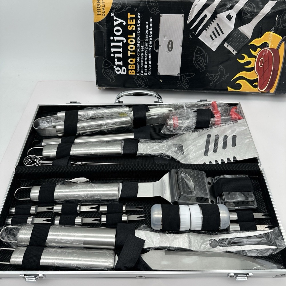 grilljoy 24PC BBQ Tool Set w/ Meat Thermometer & Injector - SS Grill Gifts New